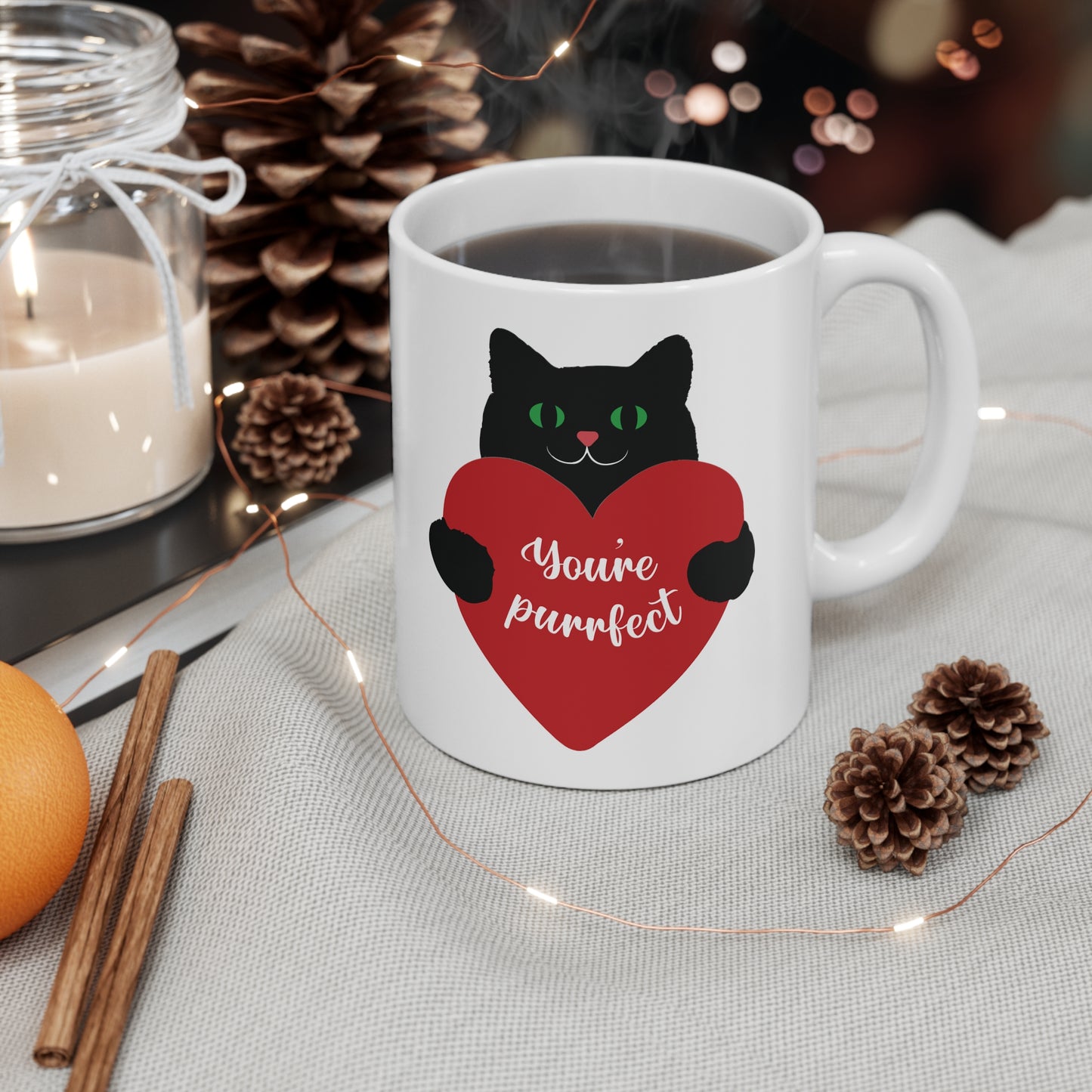 Black Cat with Heart - Ceramic Mug 11oz